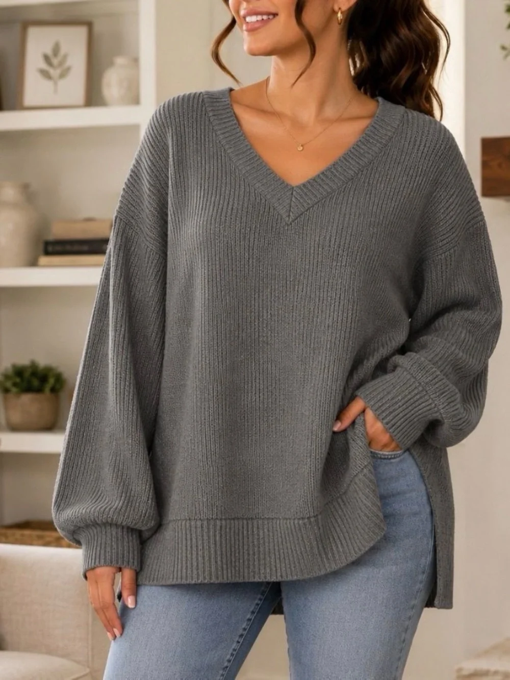 Andrée By Unit NWT Oversized Heather Gray Ribbed V-Neck Sweater Size Small